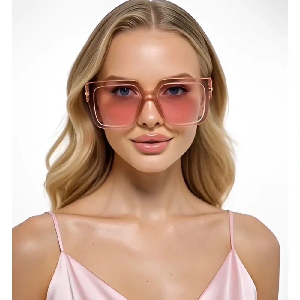 Womens Oversized Square Pink‎ Sunglasses Gold Hardware Transparent Tinted Shades